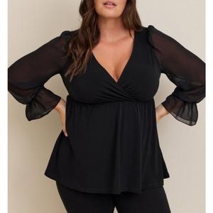 Babydoll Studio Knit Chiffon Sleeves Surplice Top